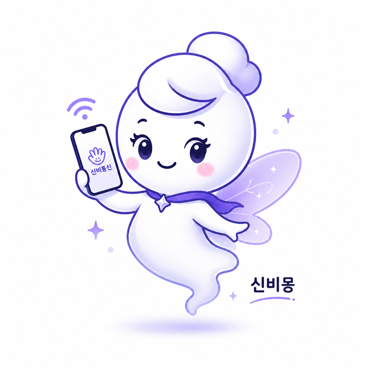 신비통신 휴대폰을 들고 있는 보라색 날개의 신비몽 캐릭터