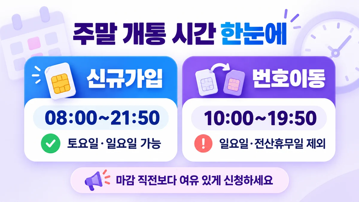 주말 선불폰 신규가입 08시부터 21시 50분 번호이동 10시부터 19시 50분 비교
